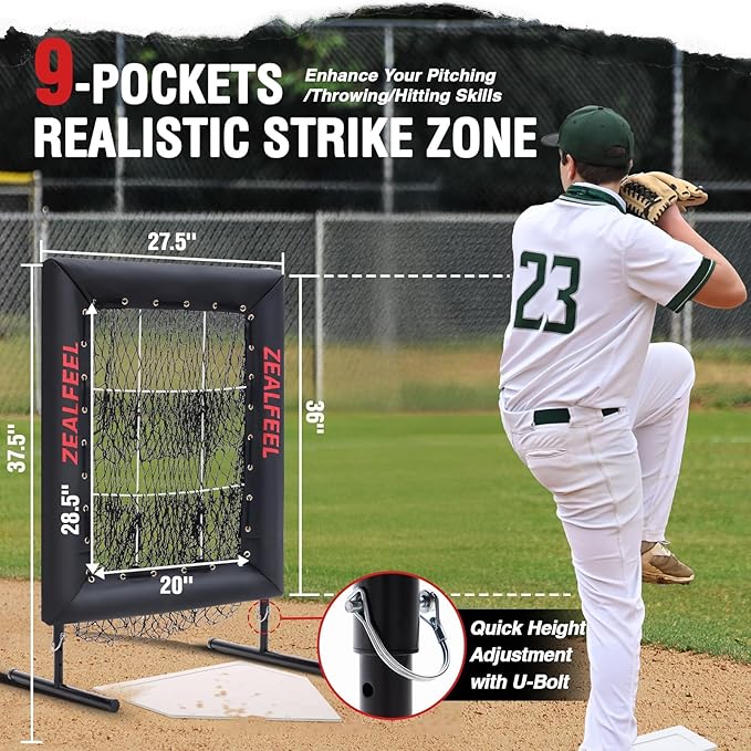 Baseball Pitching Net Pro, 9 Hole Pitching Net with Strike Zone Target, 5 Height Adjustable, Portable Easy Setup Trainer Net for Baseball & Softball with Ball, Home Plate & Pitching Rubber