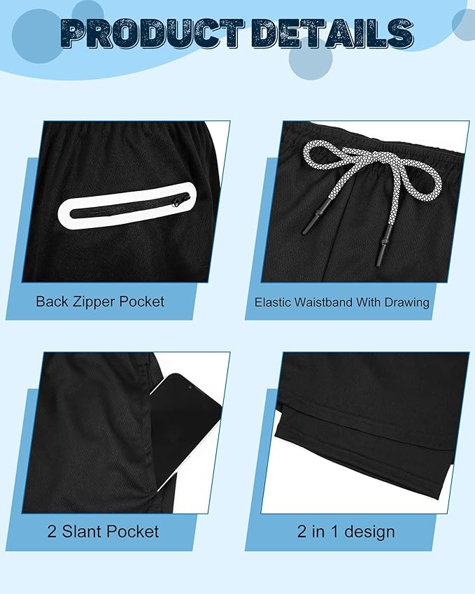 Sureio 3 Pcs Men's 2 in 1 Running Shorts 7 Inch Quick Dry Athletic Workout Shorts with Liner Phone Pockets Towel Loop