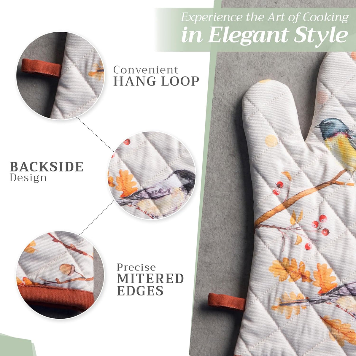 Maison d' Hermine 100% Cotton Oven Mitt & Pot Holder Set (7.5"x13" & 8"x8") Heat Resistant BBQ Cooking Gloves with Loop, Baking, Grilling, Kitchen, Handling Hot Pans (Oak Leaves)