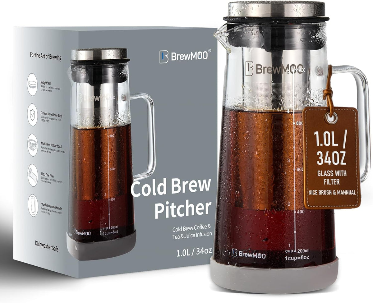 BrewMOO- Airtight Cold Brew Coffee Maker Pitcher, 1.0L/34Oz Thick Glass Carafe with Filter, Comfort Sturdy Handle & Wide Spout, Non-Slip Base | Iced Tea Maker (Grey)