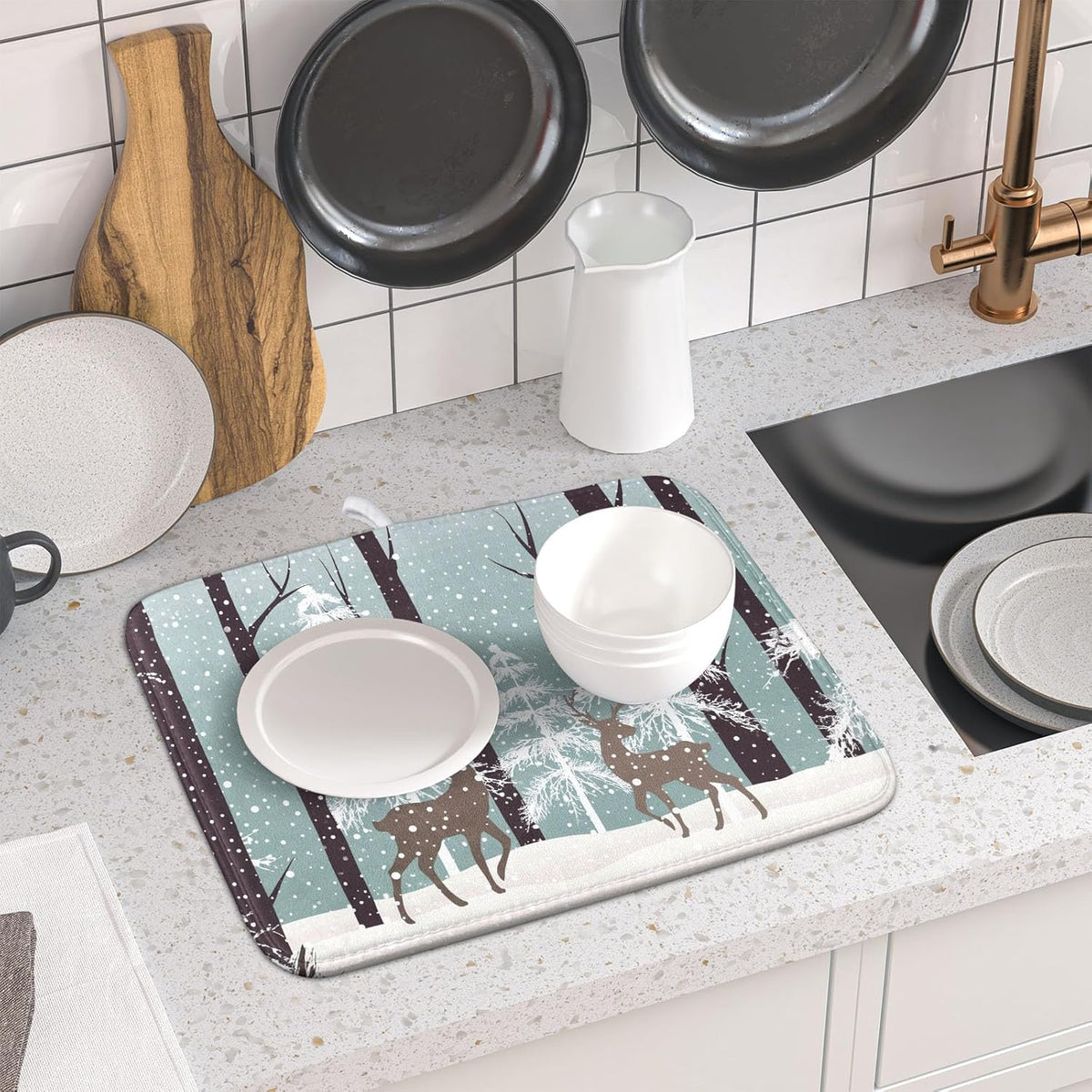 Winter Wildlife Deer Dish Drying Mat for Kitchen Counter,Xmas Landscape Snow Tree Ivory Drying Mat 16 x 18 Inch with High Absorbent Microfiber Drainer Mat for Coffee Bar