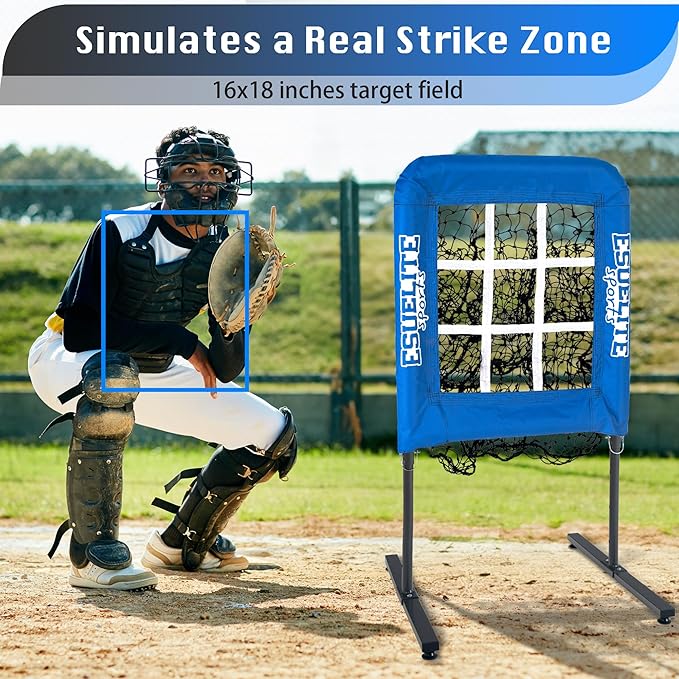 9 Hole Pitching Net with Strike Zone, Baseball Pitching Target, Softball Pitching Net, Portable Pitcher Training Equipment Height Adjustable