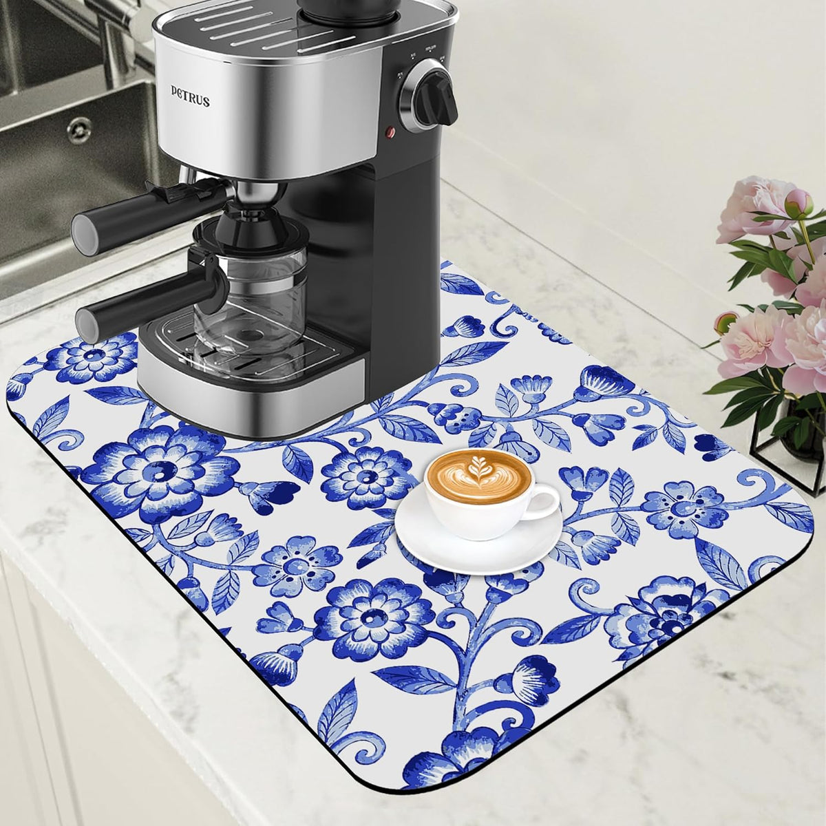 Dish Drying Mat Watercolor Blue Flowers Coffee Bar Mat for Countertop Absorbent Rubber Backed Hide Stain Dish Drainer Rack Pad Coffee Maker Espresso Machine Dining Room Decor 11.8 x 19.7 Inch