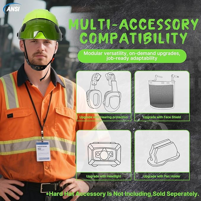 Aolamegs Construction Hard Hats for Adults - Hard Hats Construction OSHA Approved with Smoke Visor for Men Women ANSI Z89.1 Vented Safety Helmet, Hard Hat with Chin Strap,6 Point Suspension （Green