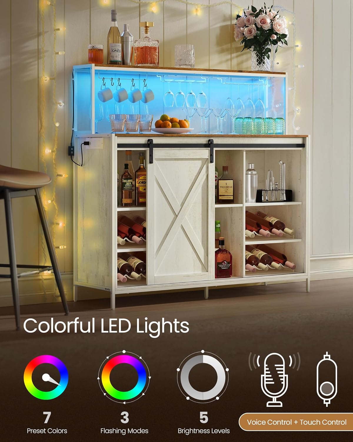 VASAGLE Coffee Bar Cabinet with Power Outlet and Voice Control LED Light, Buffet Cabinet with Sliding Barn Doors, S Hooks, Wine Glass Racks, Bottle Holders, Rustic White and Honey Brown ULSC201W01