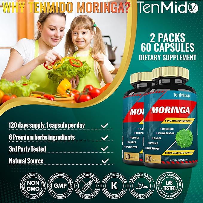 2 Packs Moringa Capsules, 4 Months Supply with Turmeric, Ashwagandha, Ginger, Licorice, Black Pepper | Immune Support, Energy Booster | Oleifera Leaf Herb Supplements