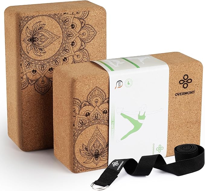 Overmont Cork Yoga Blocks 2 pack with 8ft Strap Natural Cork Bricks- High Density & Eco Friendly Yoga Accessories for Women - Ideal for Yoga Pilates General Fitness and Stretching 9x6x3''