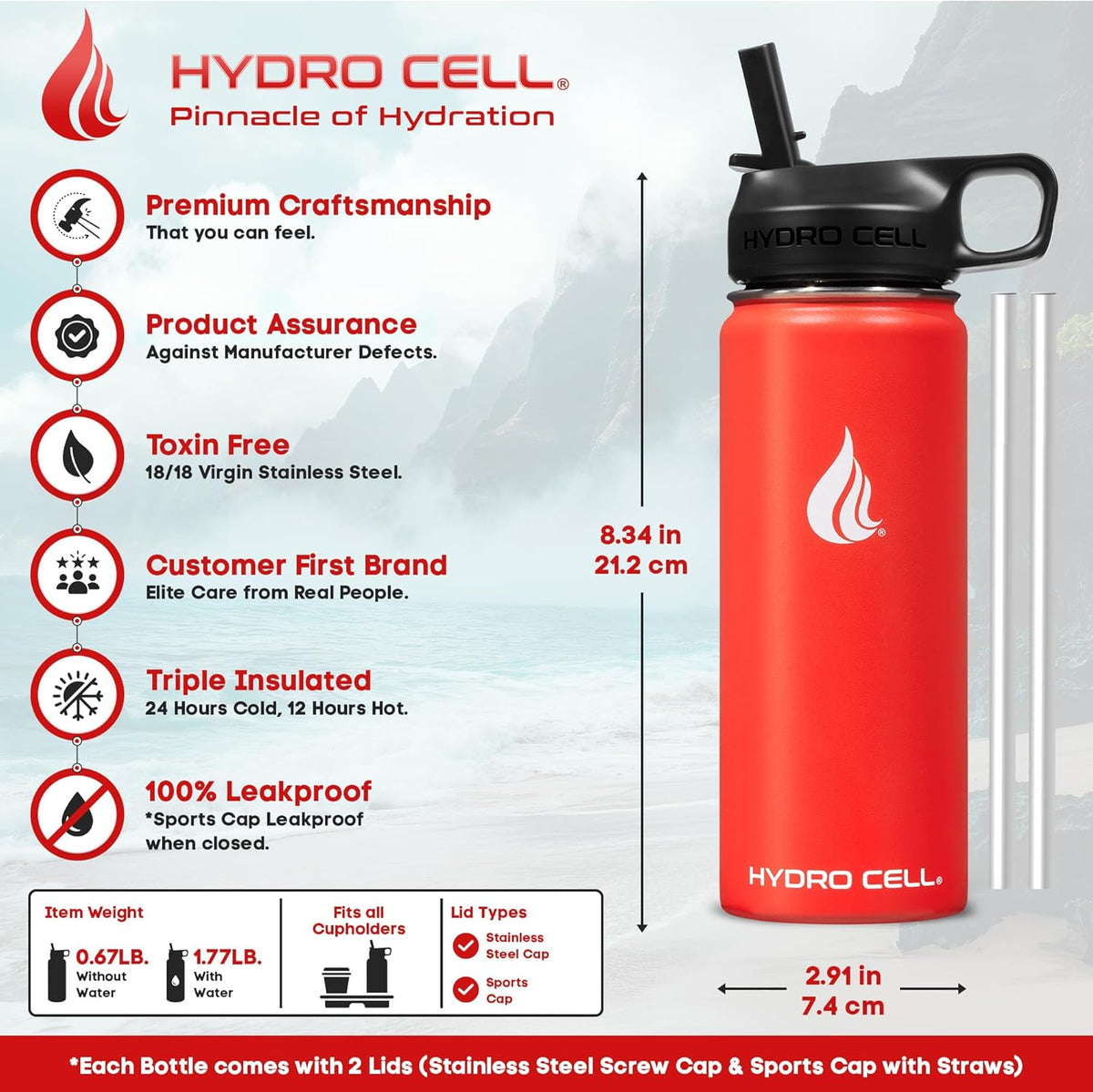 HYDRO CELL Stainless Steel Insulated Water Bottle w/Straw, 2 Lids Metal Vacuum Flask with Modern Leakproof Sport Straw Design (Mandarin 18oz)