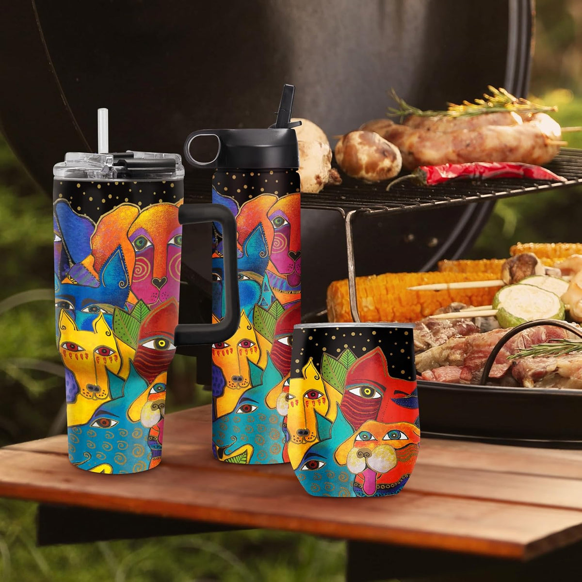 RainCaper 18/8 Stainless Steel Insulated Water Tumbler with Straw | 30oz, BPA-Free, Double Wall for Hot & Cold | Travel-Friendly, Cup Holder Ready (Laurel Burch Dog)