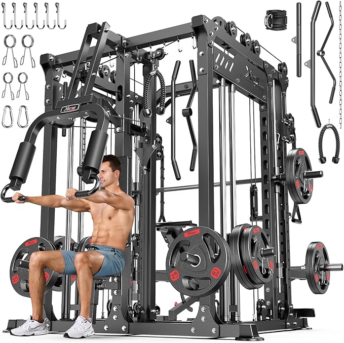 Smith Machine with Cable Crossover System, Multi-Function Power Cage Squat Rack for Home Gym, Power Rack and Packages Weight Sets.