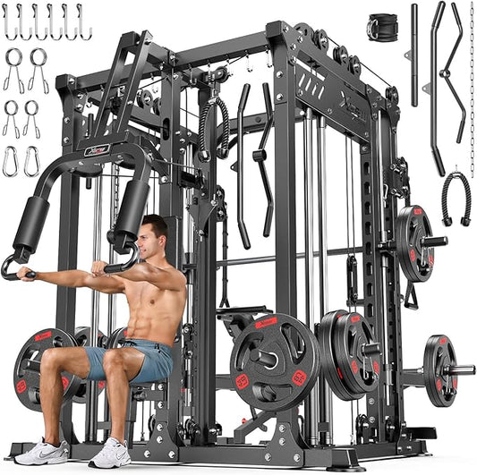Smith Machine with Cable Crossover System, Multi-Function Power Cage Squat Rack for Home Gym, Power Rack and Packages Weight Sets.