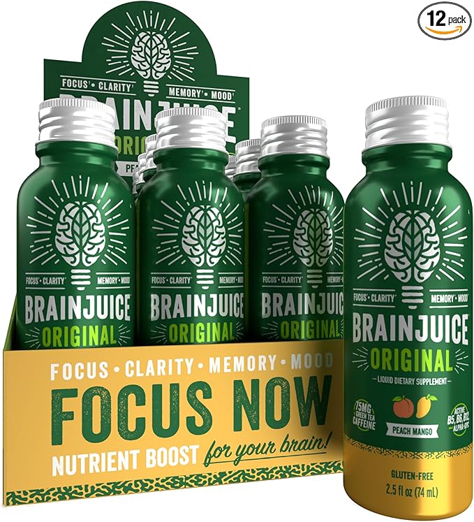 BrainJuice Focus & Energy Drink Shots, Nootropics with Alpha GPC, B Vitamins & Organic Green Tea Caffeine, Supports Focus, Memory & Clarity, Non-GMO, Gluten Free, Peach Mango, 2.5 fl oz, 12 Pack