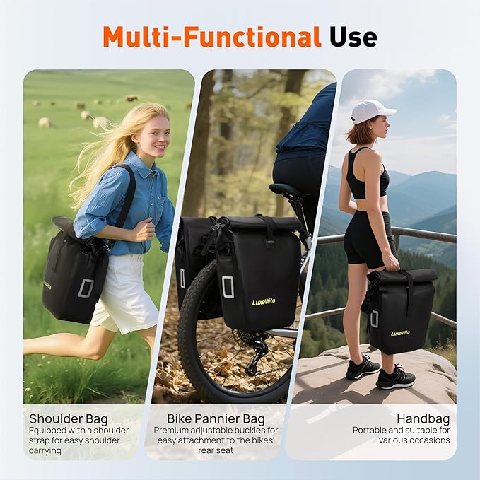 Bike Pannier Bag 27L Waterproof Bicycle Rear Rack Bag, Large Capacity Expandable Cargo Rack Bag with Reflective Strips, Adjustable Buckles for Cycling Traveling Commuting