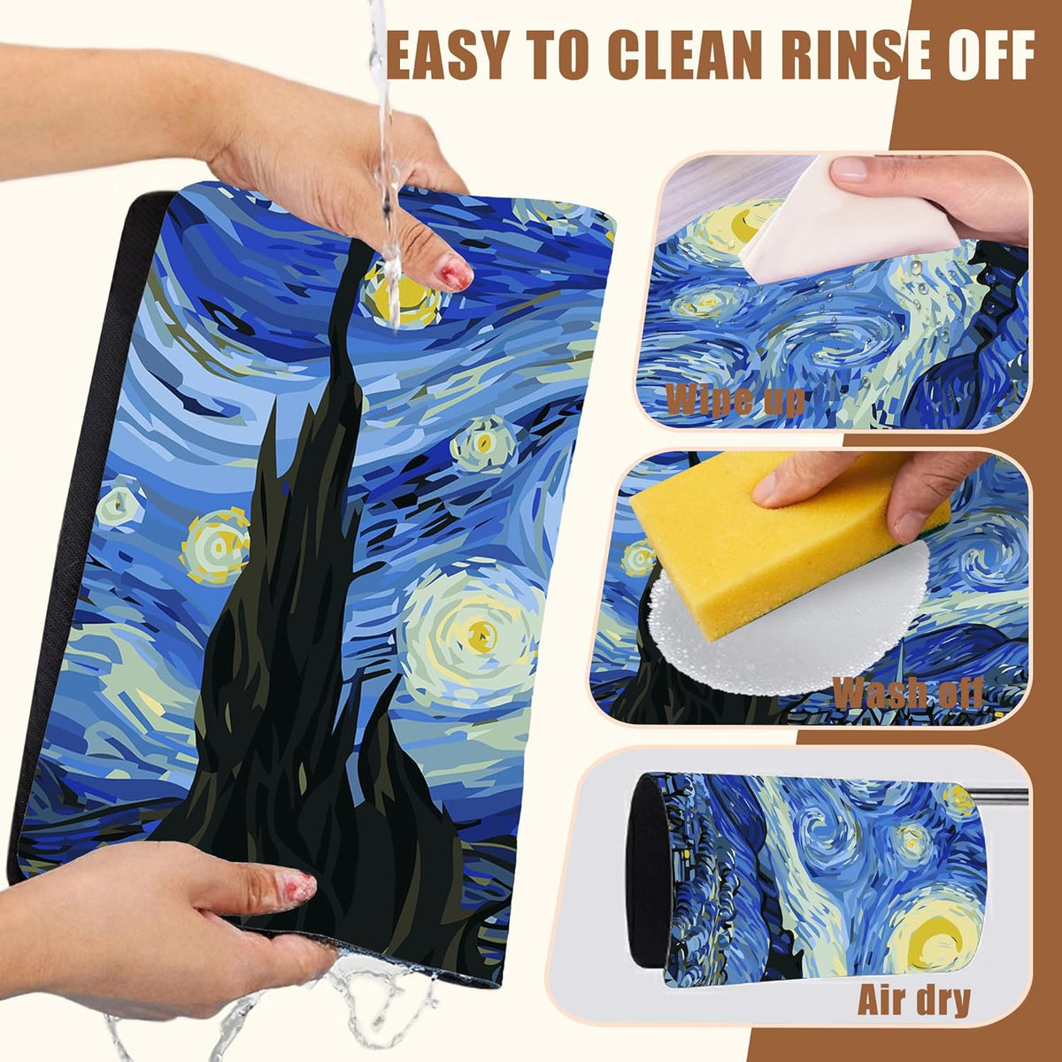 Dish Drying Mat Starry Night Art Coffee Bar Mat for Countertop Absorbent Rubber Backed Hide Stain Dish Drainer Rack Pad Espresso Machine Coffee Pot Dining Room Decoration 11.8 x 19.7 Inch