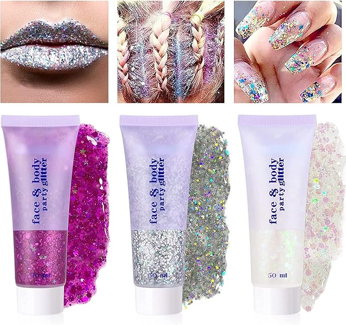 3 Color Face and Body Glitter Gel, Neon Outfit Glow Party for Body Hair Face Nail Glitter Stick Makeup. (01-Blue&02-Gold &06-White Moonbeam)