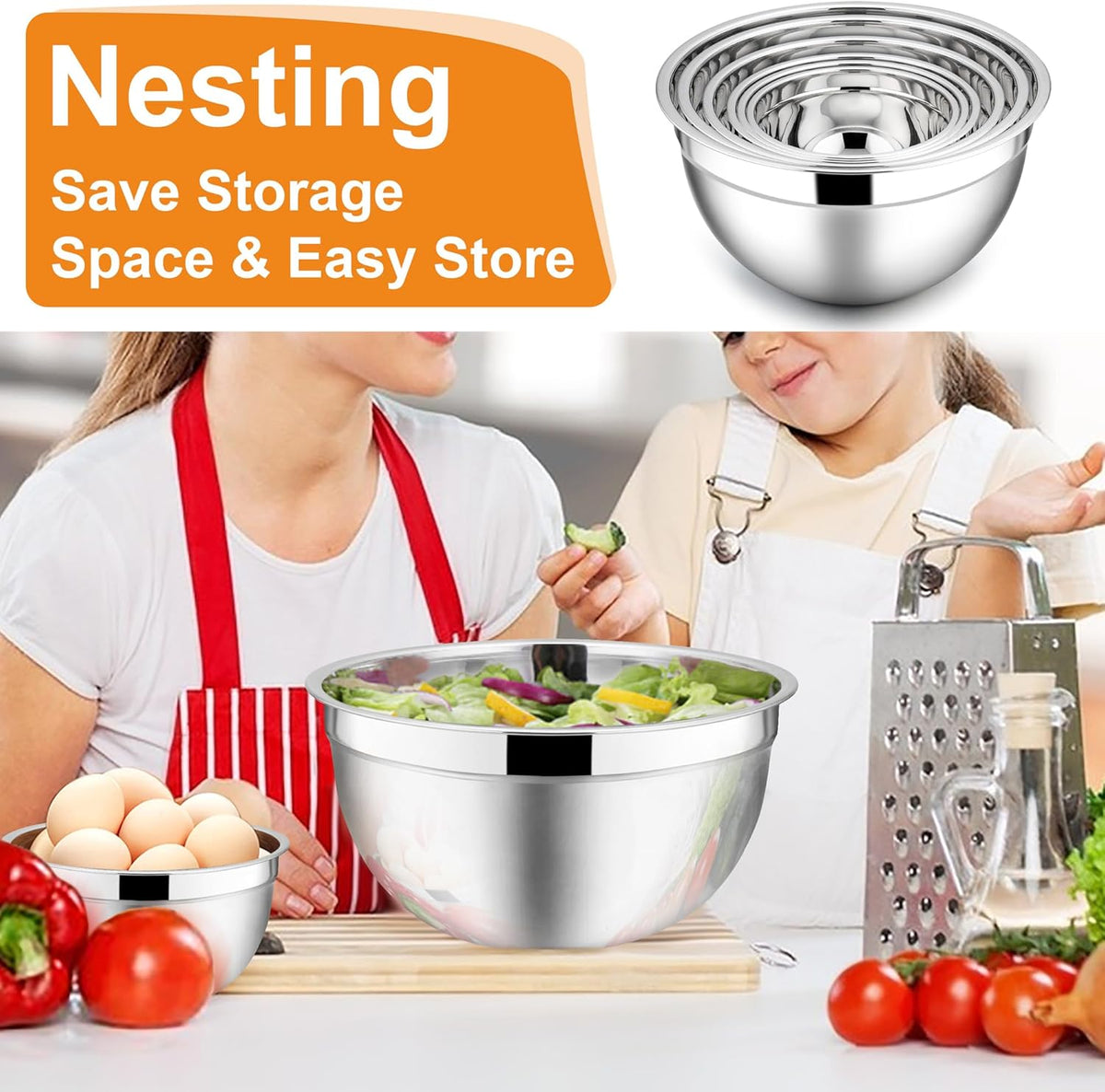 E-far Mixing Bowls with Lids, 12-Piece Stainless Steel Salad Bowls Metal Nesting Bowls for Baking Cooking and Prepping, Airtight Lids & Stackable Design, Size 7, 4.5, 3, 1.5, 1.2, 0.7 QT (Colorful)