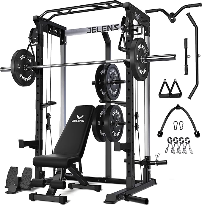 Power Cage, 2000LBS Multi-Function C21 Power Rack with Dual Pulley Cable Crossover System, All-in-One Squat Rack with More Training Attachments
