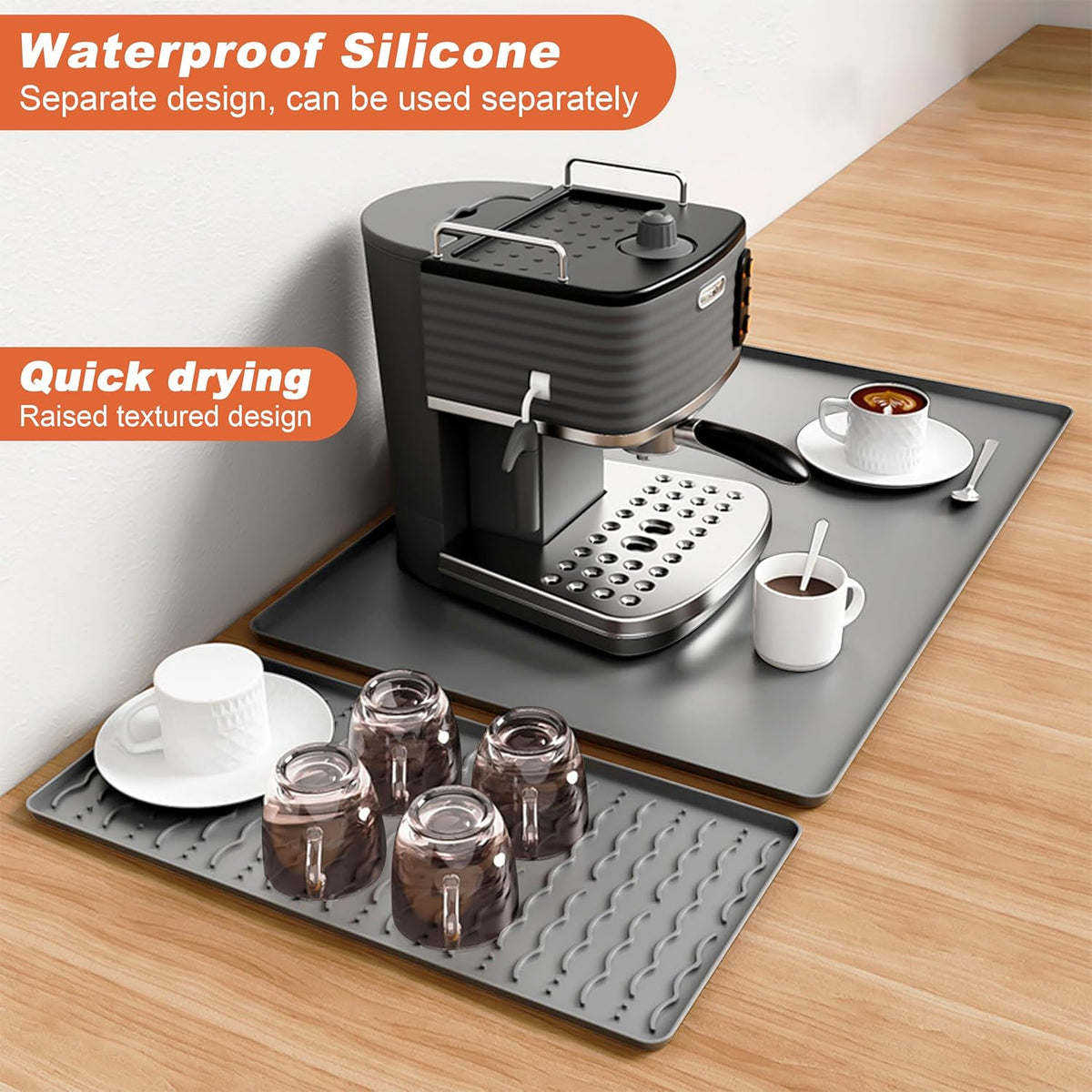 Silicone Coffee Mat, 24 x 16 Inch Non-Slip Heat Resistant, Large and Small Combination Bar Mat, Convex Edge Spill Resistant Design for Coffee Machines and Kitchen Countertops,Wavy Gray