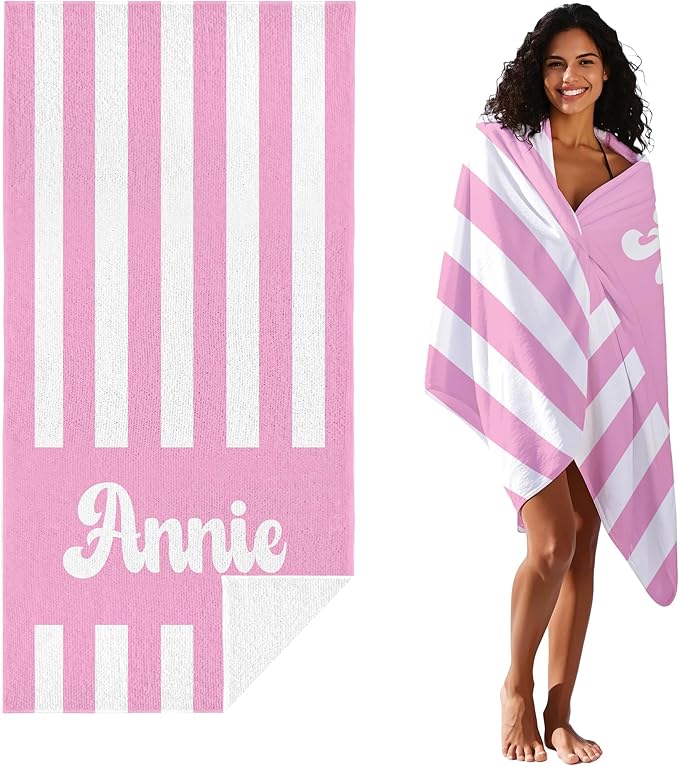 JML Personalized Beach Towel with Name, Custom Cabana Stripe Beach Towel, Customized Microfiber Pool Towel, Quick Dry & Absorbent Swim Towel for Adult,Mother's Day, Birthday, Summer Holiday,Vacation
