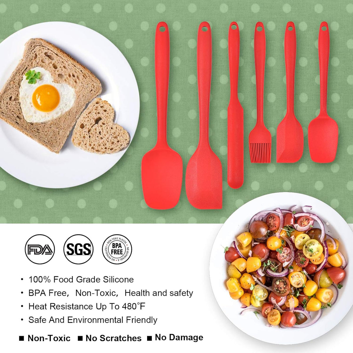 Heat Resistant Silicone Spatulas Set Food Grade Silicone Seamless One Piece Design BPA-Free,Non-Stick,Dishwasher Safe,Cooking and Mixing Set of 6PCS-red(red)