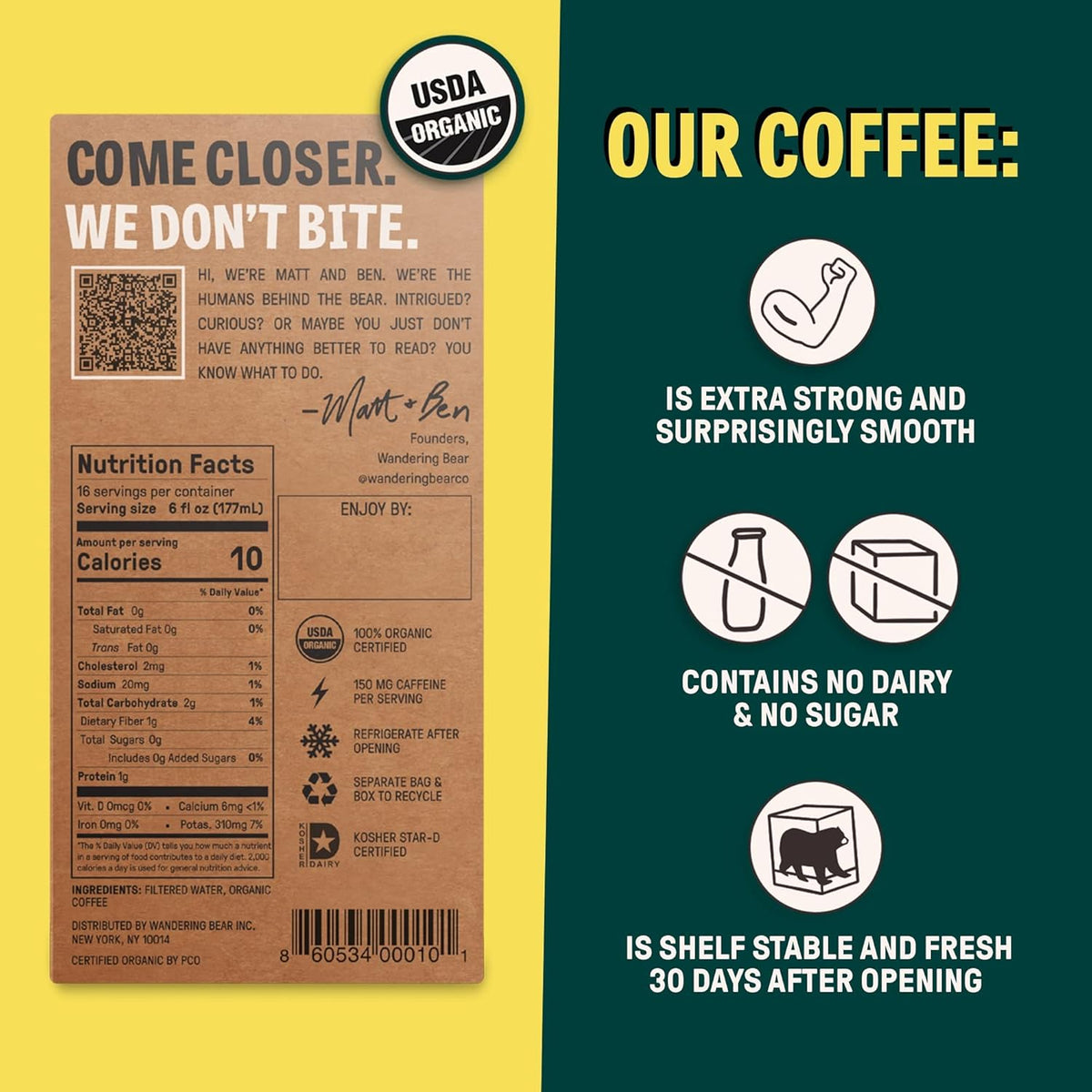 Wandering Bear Straight Black Organic Cold Brew Coffee On Tap, 96 fl oz - Extra Strong, Bold, Smooth, Unsweetened, Shelf-Stable, Ready to Drink, 100% Organic, Iced Cold Brewed Coffee Drinks