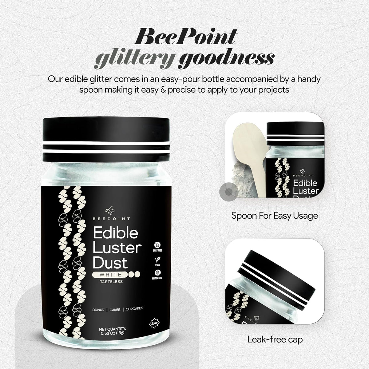 BeePoint White Edible Luster Dust 15g - Food Grade, Vibrant Color Shimmer Powdered Dust for Drinks, Cocktails, Cake Decorating, Baking, Chocolates, Candy, Sweets, & Cookies - Vegan & Gluten Free