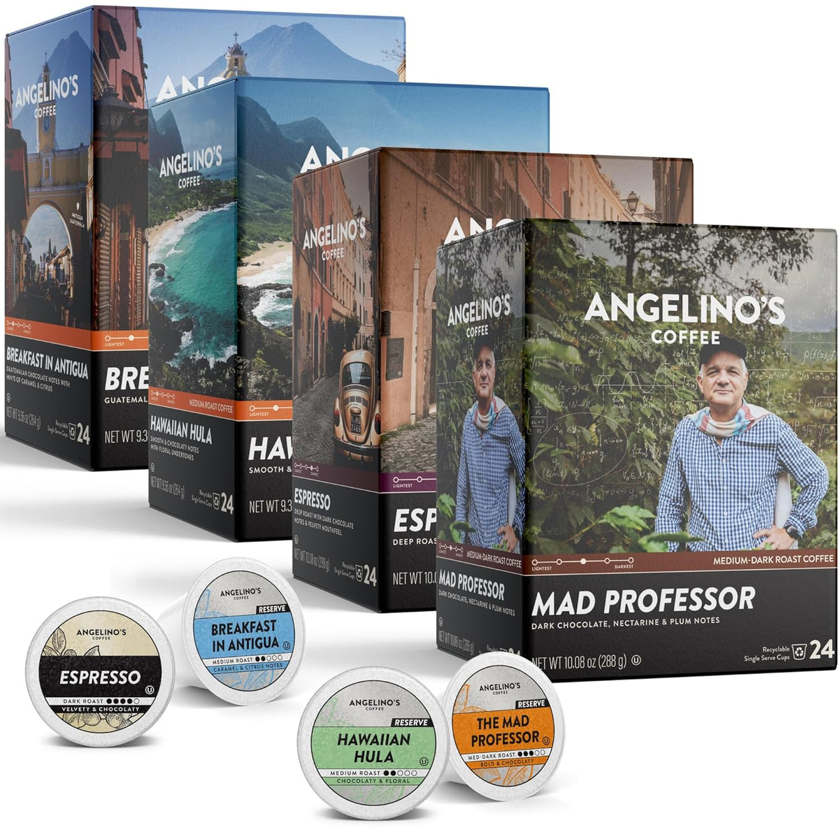 Angelino's Coffee Reserve Collection Coffee Pods Variety Pack, Medium & Dark Roast Coffee K Cups Compatible, 96 Count for Keurig Brewers, Includes Breakfast in Antigua, Hawaiian Hula, Mad Professor, and Espresso