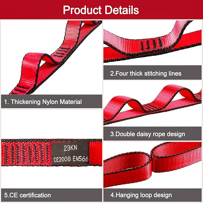 DASKING 23KN (5070 lbs) Heavy Duty Climbing Straps - 2 Pack Adjustable Daisy Chain Webbing for Aerial Yoga, Hammock, Fitness & Rigging - CE/EN566 Certified, Red/Grey