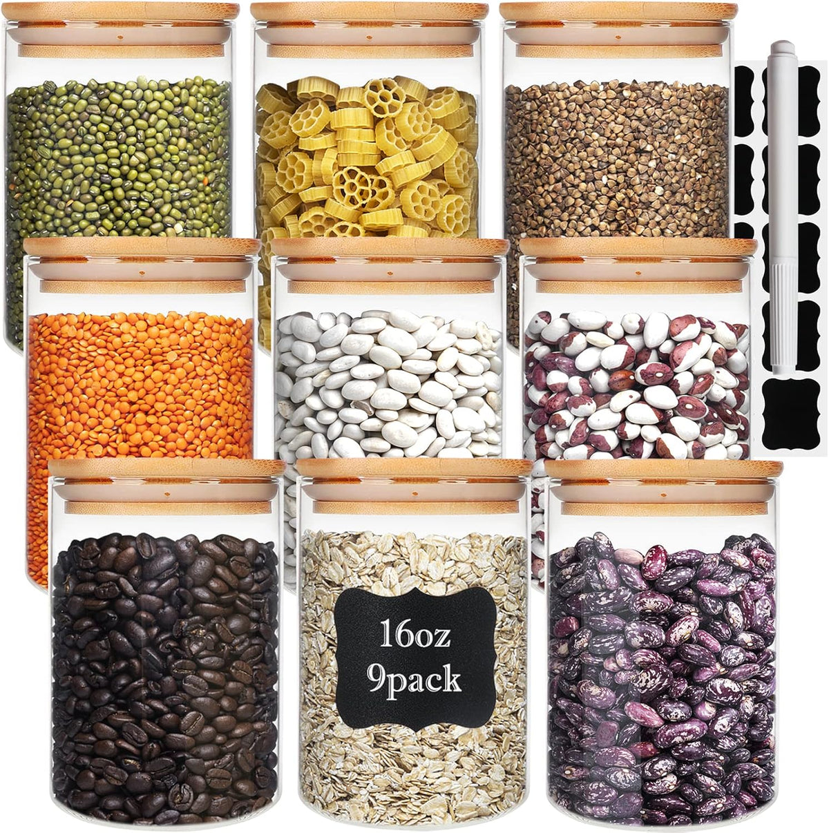 Glass Food Storage Containers Jars with Airtight Bamboo Lid 16 oz 9 pcs, 490 ml Pantry Organization Jar, Glass Terrarium with Lid, Spice, Flour and Sugar Container, Canister Set for Kitchen Counter