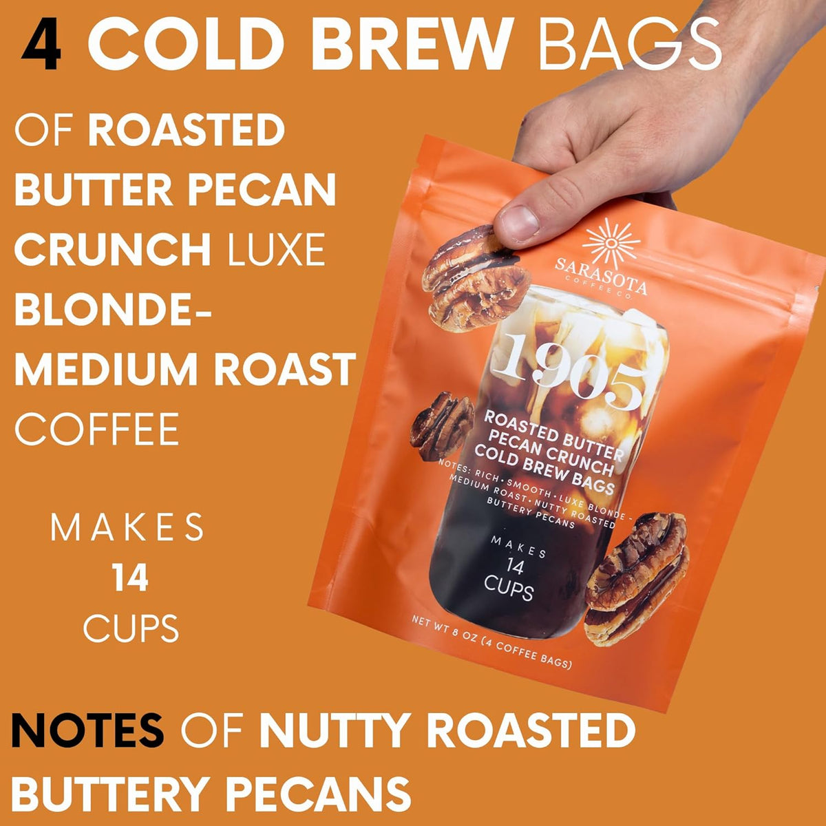 Sarasota Coffee 1905 Cold Brew Coffee Bags | Roasted Butter Pecan Crunch | Blonde-Medium Roast | Low Acid & Smooth | Ground Filter Packs | Cold Brew Kit Makes 14 Cups | Rich Nutty Notes