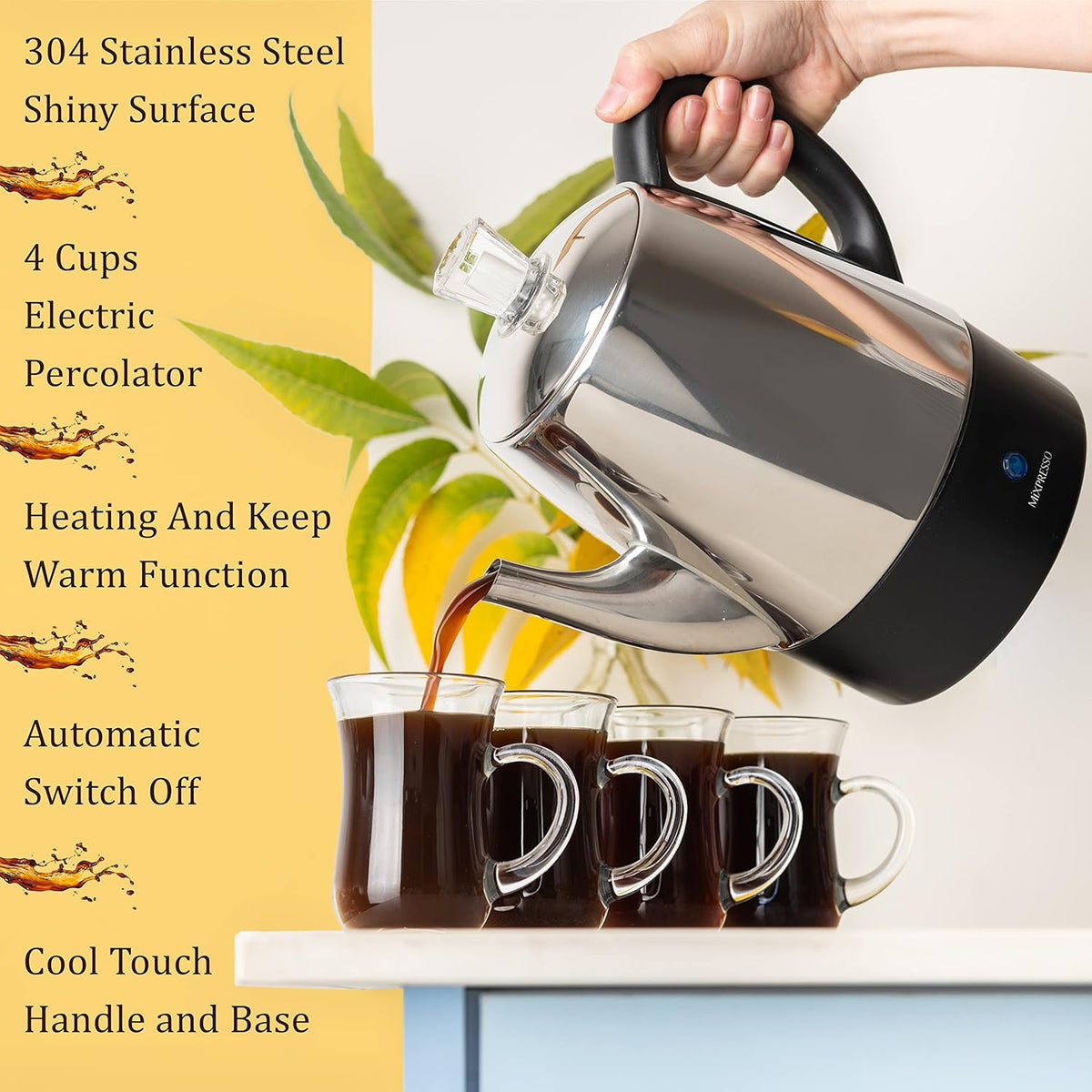 Mixpresso Small Percolator Coffee Pot Electric 4 Cup, Stainless Steel Coffee Maker, Coffee Percolator Electric With Keep Warm Function, 4 Cups Stainless Steel Perculator With Basket
