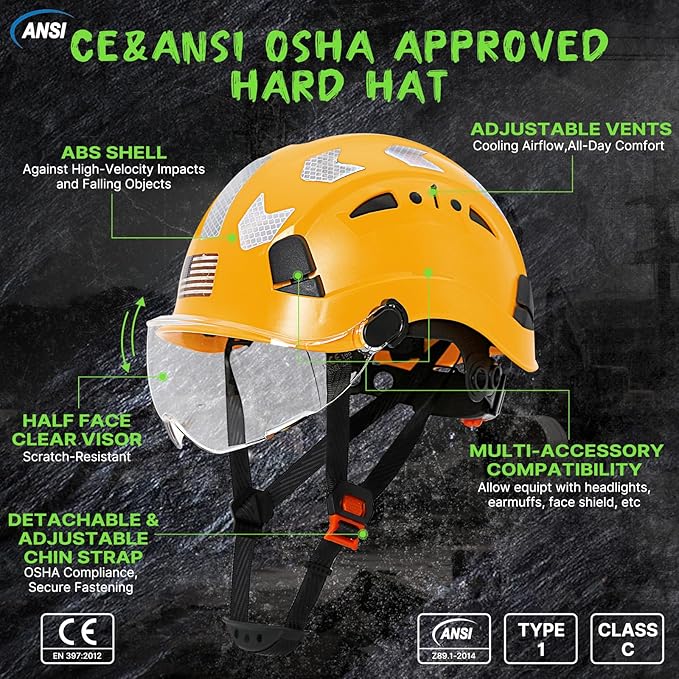 AOLAMEGS Construction Safety Hard Hat - ANSI Z89.1 Type Ι OSHA Approved Safety Helmets with Chin Straps Lightweight Reflective Vented ABS Hard Hats For Men Women Industrial Workwear 6-point Suspension