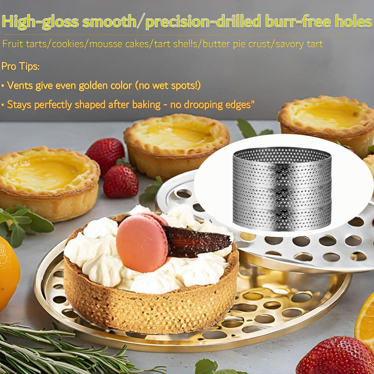 8Packs Perforated Tart Rings 4 Inch Stainless Steel Perforated Cake Rings, Round Tart Ring Molds for Cookies, fruit tarts, Prevent Soggy Crust & Even Baking
