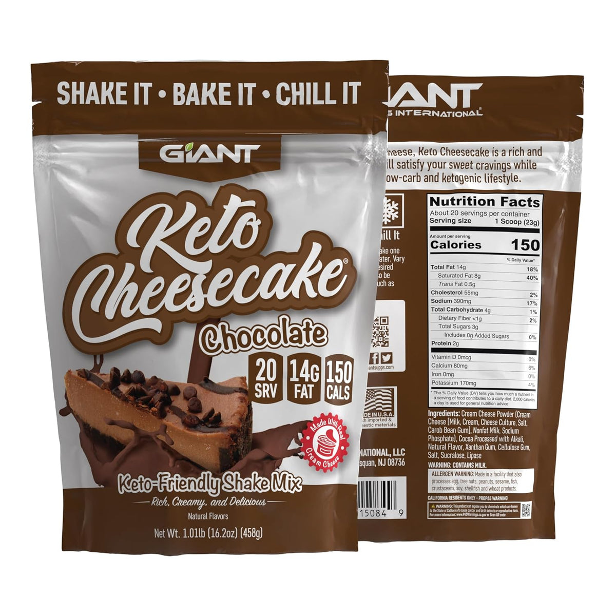 Giant Sports Keto Cheesecake Shake Mix - Delicious Low Carb, Ketogenic Diet Gluten Free Powder Mix - Works Great with Almond Milk - Chocolate (20 Serving Bag)