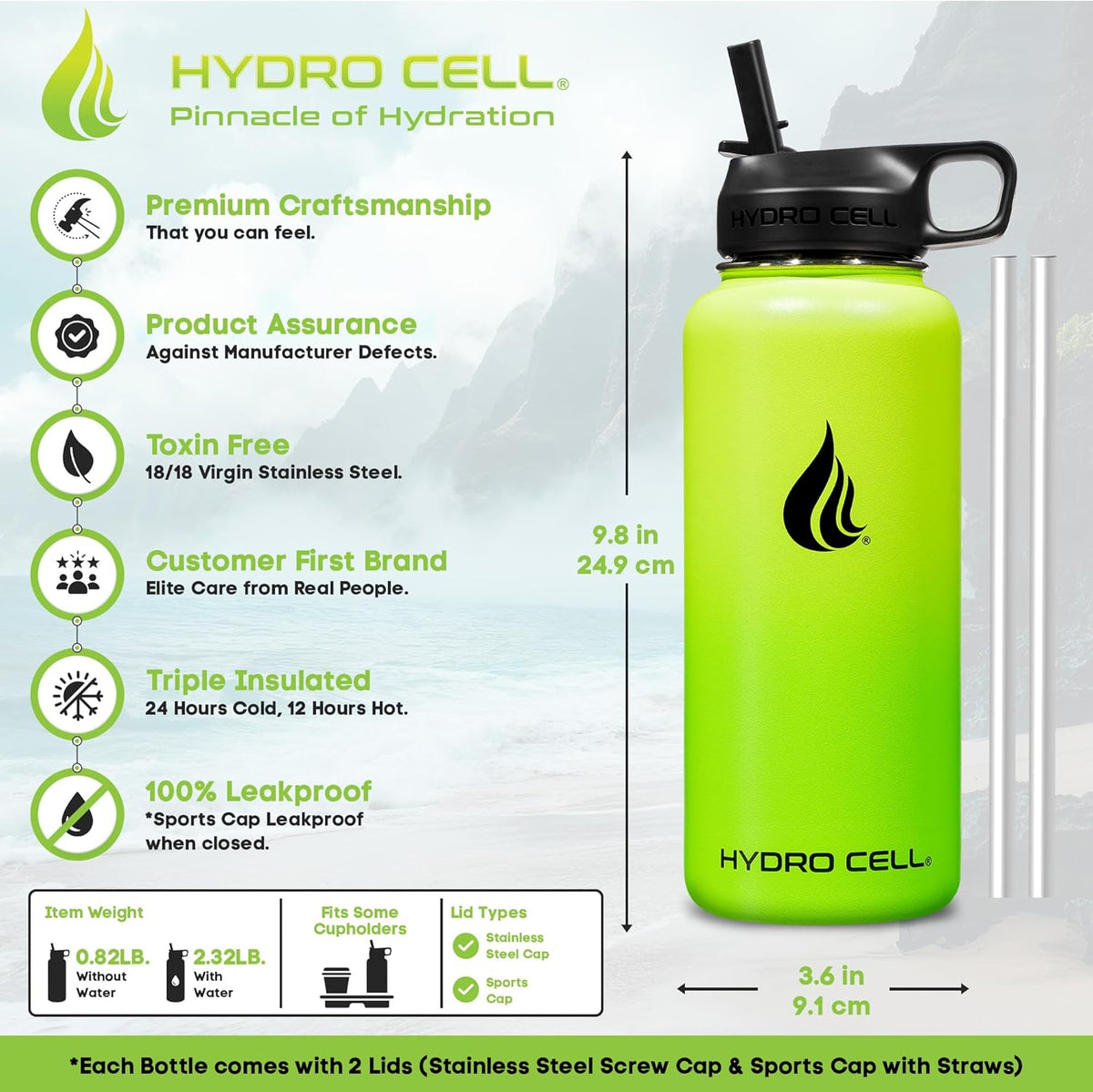 HYDRO CELL Stainless Steel Insulated Water Bottle with Straw - For Cold & Hot Drinks - Metal Vacuum Flask with Screw Cap and Modern Leakproof Sport Thermos for Adults (Neon 32oz)
