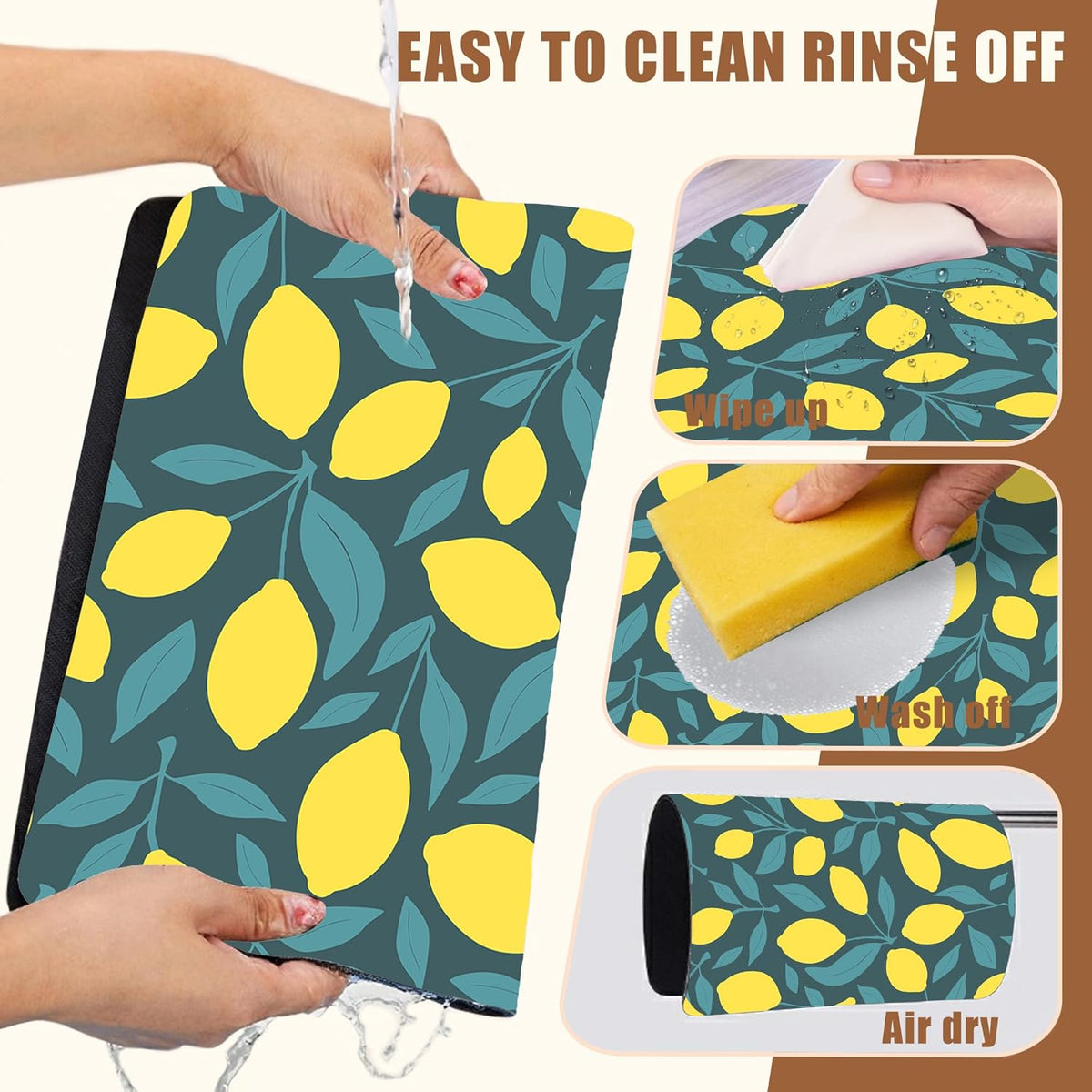 Yellow Lemon and Leaves Coffee Mat Absorbent Dish Drying Mat for Kitchen Counter Hide Stain Rubber Backed Coffee Bar Accessories Fit Under Espresso Machine Cafe Table 11.8 x 19.7 Inch