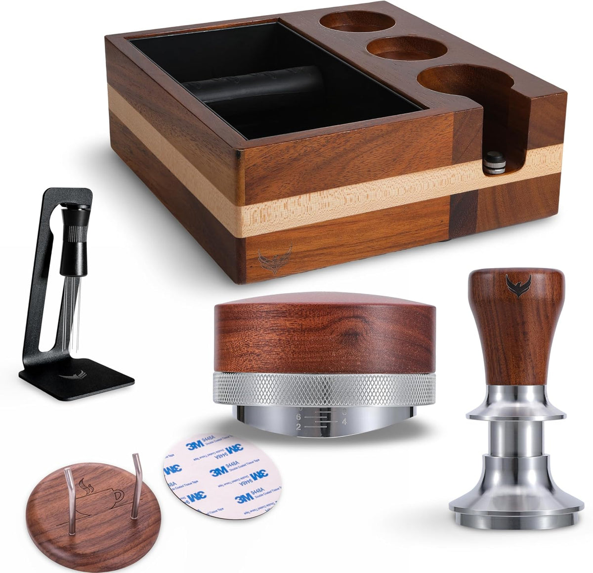 51mm Espresso Tamper Set Includes Knock Box, Coffee Distributor, Calibrated Tamper, WDT Tool and Portafilter Wall Holder - Premium Espresso Machine Accessories Set