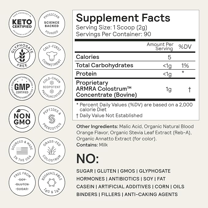 ARMRA Colostrum™ Powder | Blood Orange | Gut Health & Bloating | Skin & Hair | Immunity | Keto, Gluten & Fat-Free | 90 Servings