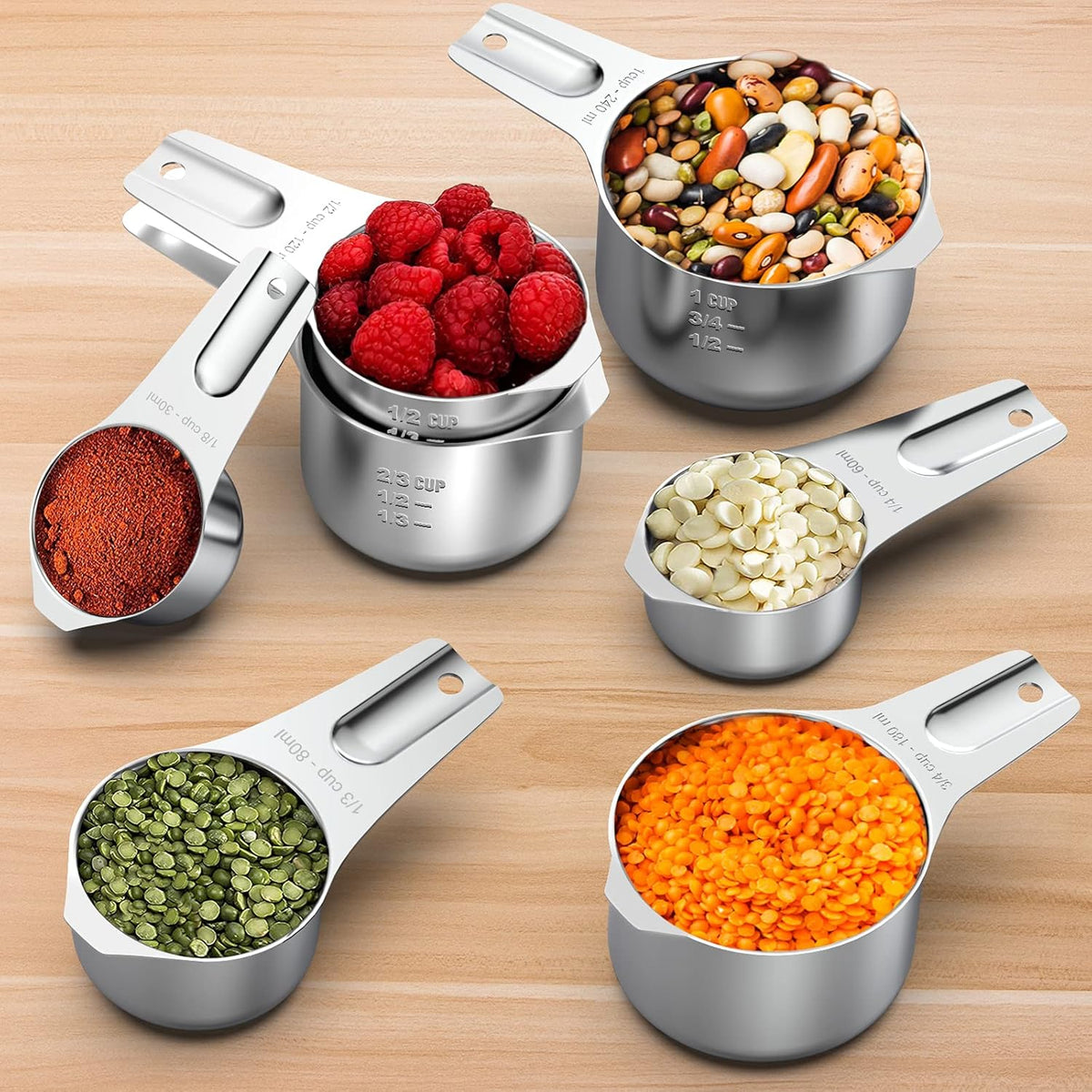 Stainless Steel Measuring Cups, Wildone Metal Measuring Cups Set with Easy to Read Markings for Measuring Dry or Liquid Ingredients, Set of 7