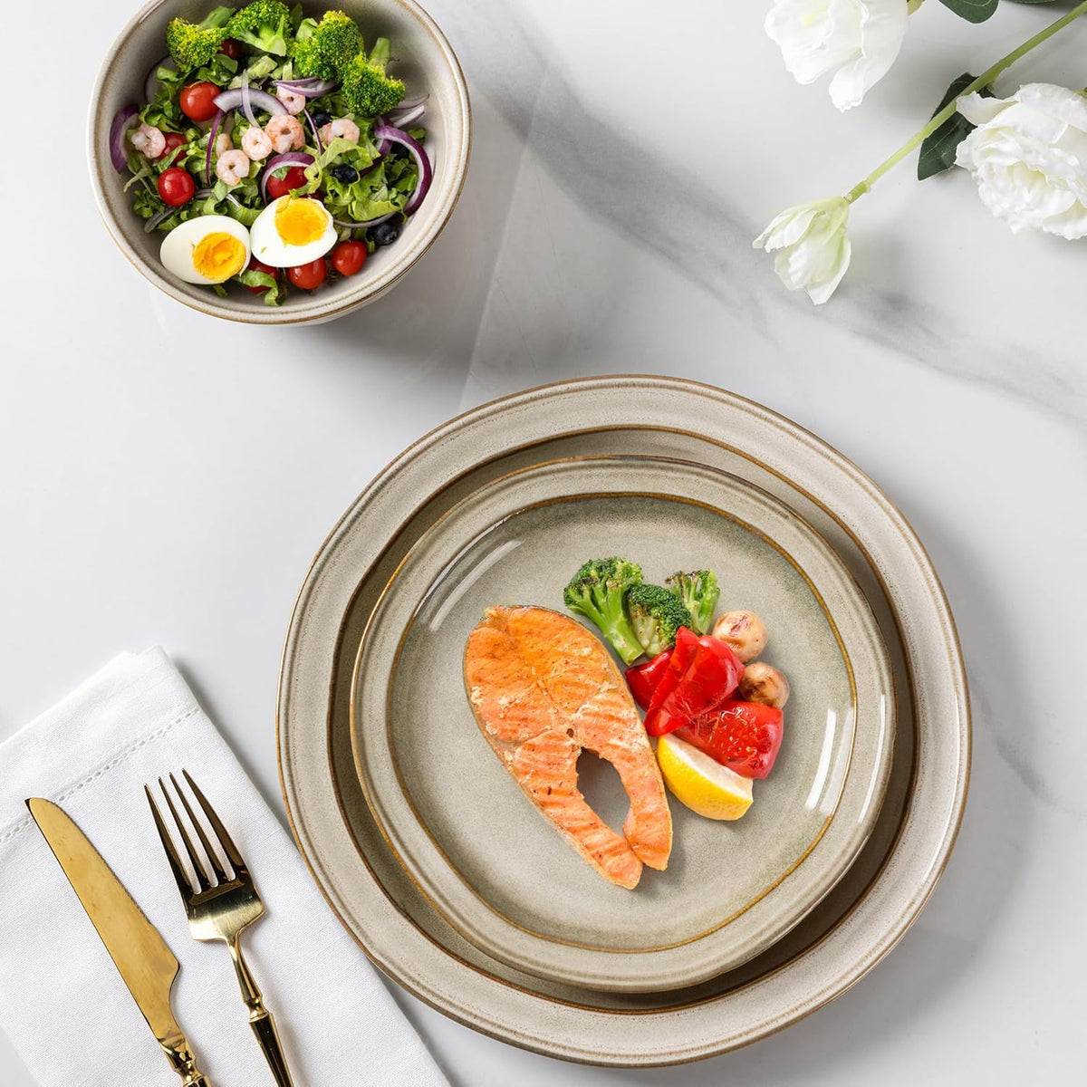 AmorArc Ceramic Dinnerware Sets,Stoneware Handmade Reactive Glaze Plates and Bowls Sets,Chip and Crack Resistant | Dishwasher & Microwave Safe,Dishes Set Service for 6 (18 pc)