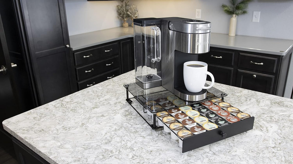 Nifty Rolling Coffee Pod Drawer – Tempered Glass, Black, Compatible with K-Cups, 36 Pod Pack Holder, Compact Under Coffee Pot Storage Drawer, Slim Home Kitchen Counter Organizer