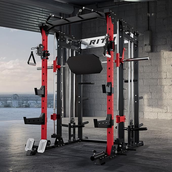 RitFit Buffalo Smith Machine, Power cage with LAT-Pull Down System & Cable Crossover System, All-in-One Squat Rack for Home Gym, Power Rack