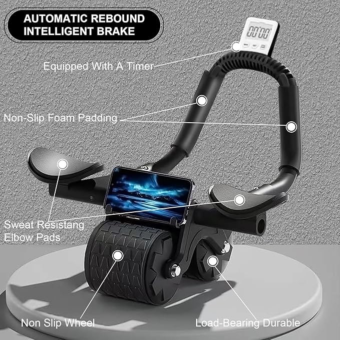 Bersauji 2025 New Ab Roller Wheel with Knee Mat &Timer, Automatic Rebound Abdominal Wheel, Ab Abdominal Exercise Roller with Elbow Support, Abs Workout Equipment Ab Exercise Roller for Women Men