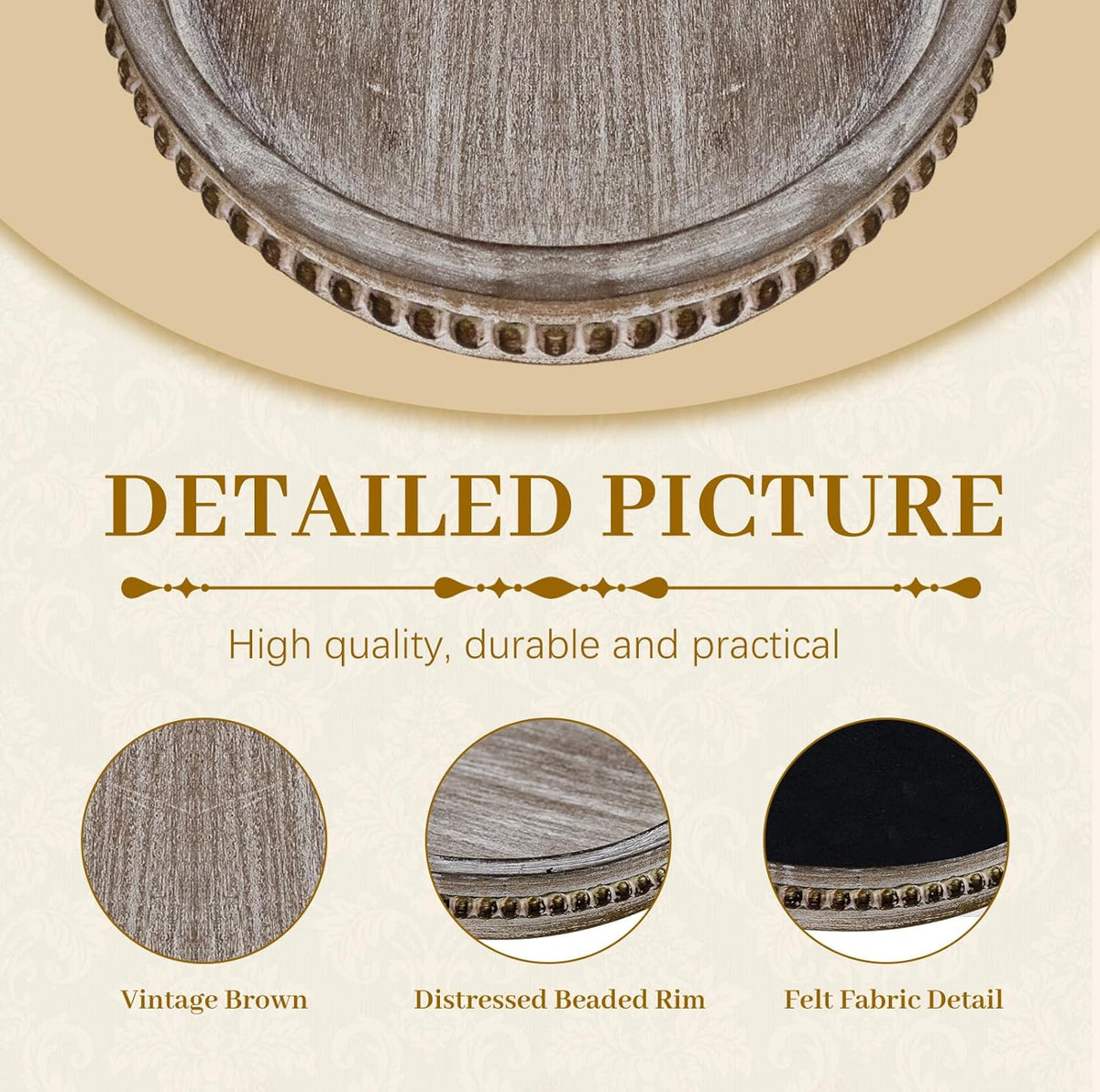 MAONAME Wood Serving Tray, Farmhouse Wooden Tray for Coffee Table, Oval Beaded Trays, Vintage Brown Decorative Trays for Living Room, Kitchen, 15" X 9" X 1.2"