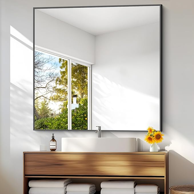 Bathroom Mirror,48x48 inch Large Wall Mirror for Bathroom Wall Mounted,Black Rectangle Wall Mirrors,Square Mirror for Living Room,Farmhouse, Bedroom Entryway, Horizontal/Vertical