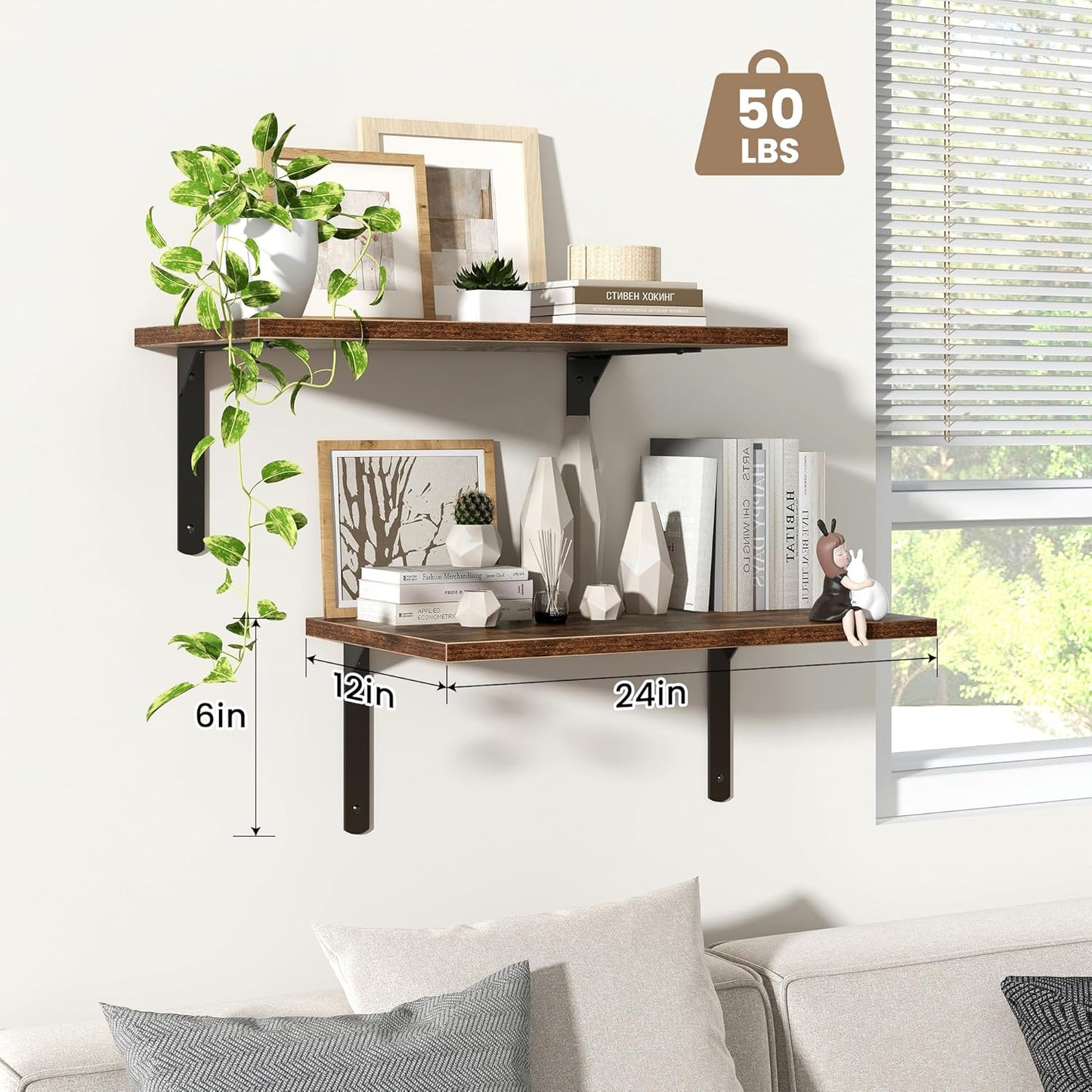 Floating Shelves for Wall, 12 Inch Deep Floating Shelves Set of 2, Wall Mounted Shelf with Metal Brackets, Rustic Wood Wall Shelf for Bathroom, Kitchen and Living Room, Rustic Brown, 24W x 12D