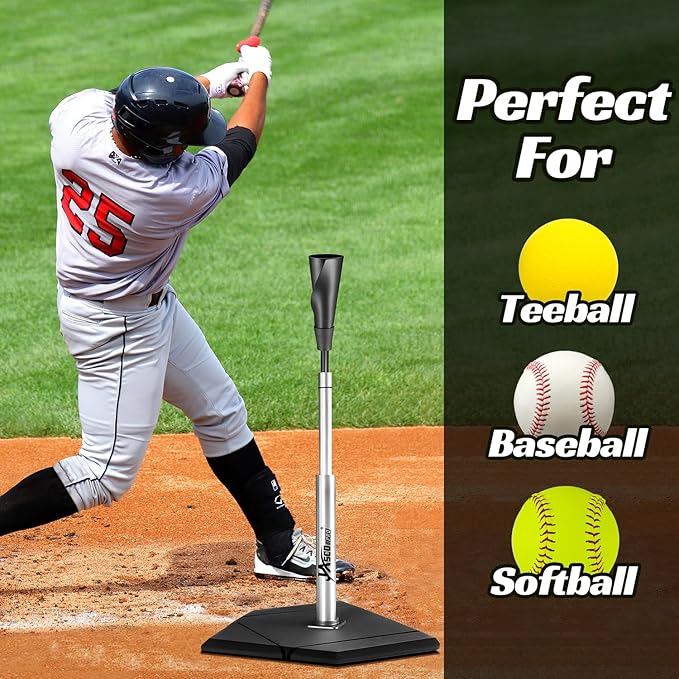 Batting Tee For Baseball And Softball With Traditional Home Plate Base,Alumium Stem,Handroll Rubber Top,Height Adjustable 24 to 46 inche For kids and Adults,Portable Baseball Tee Softball Tee