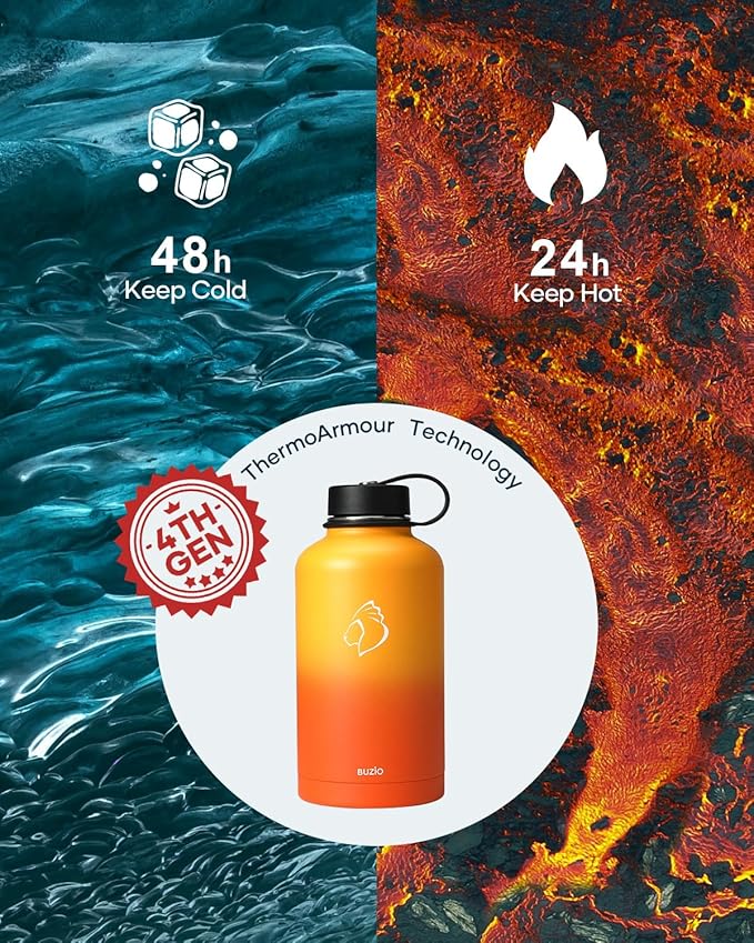 BUZIO 64oz Water Bottle, (Cold for 48 Hrs) Triple Wall Insulated Stainless Steel Leakproof Half gallon Jug/Flask with Straw Lid and Carry Bag for Sports Hiking, Camping, Yellow Orange