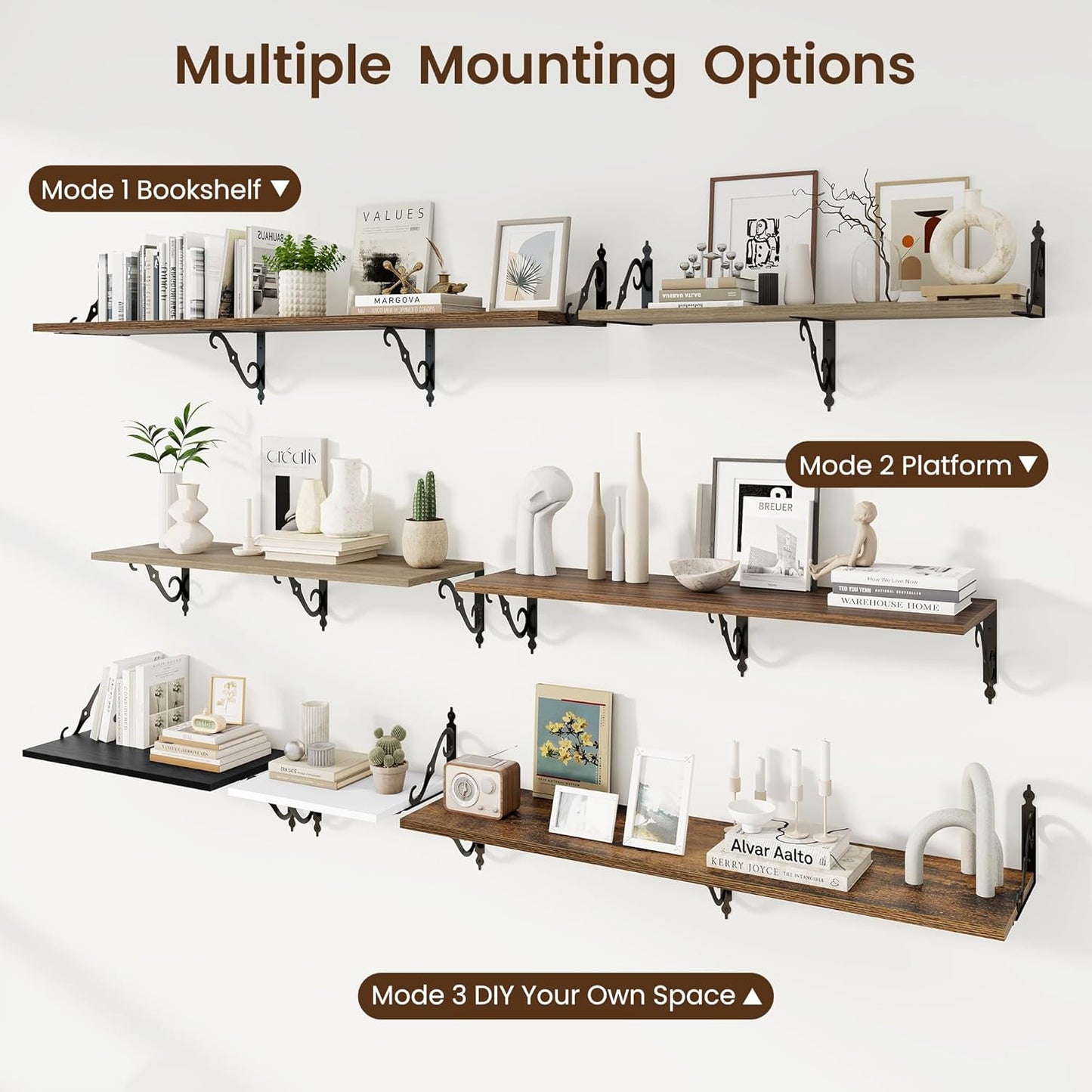 RICHFOCUS 12 Inch Deep Floating Shelves for Wall, 24" W x 12" D Wood Wall Shelves Set of 2, Wide Floating Shelves for Living Room, Bedroom, Kitchen, Bathroom and Decor Storage, Rustic Brown
