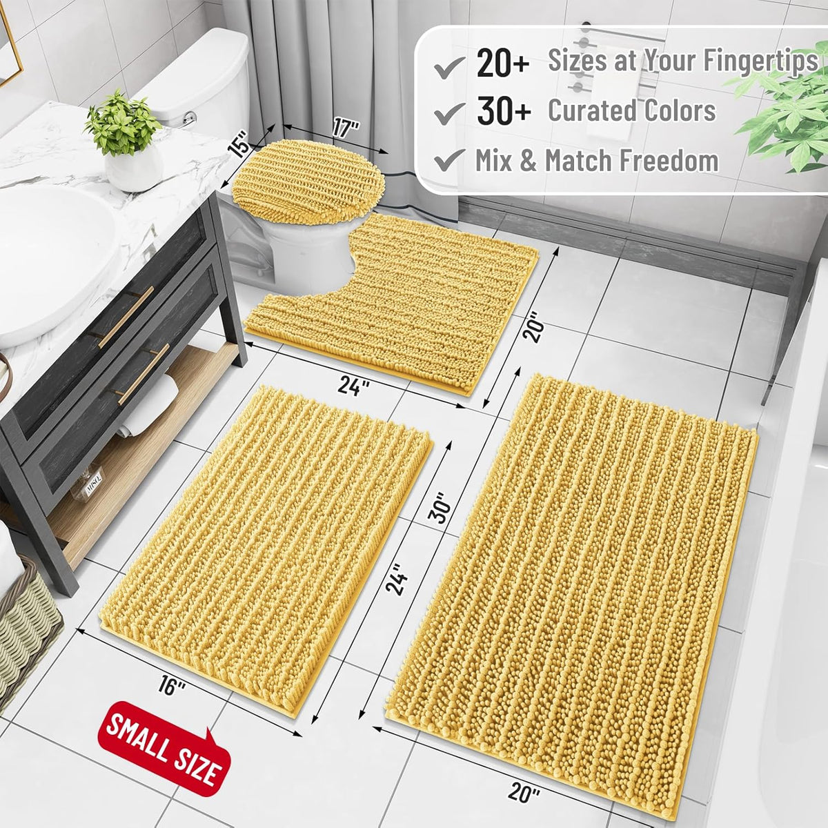 Arotive Luxury Chenille Bathroom Rug Mat, Extra Soft Thick Absorbent Shaggy Bath Rugs, Non-Slip Machine Wash Dry, Plush Bath Mats for Bathroom, Shower and Tub, 40x24, Yellow